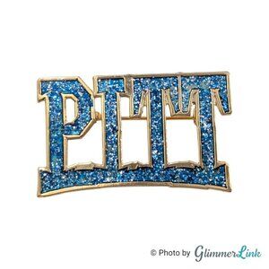 Sparkly Blue Enamel Pitt Name Las Name Gold Tone Brooch